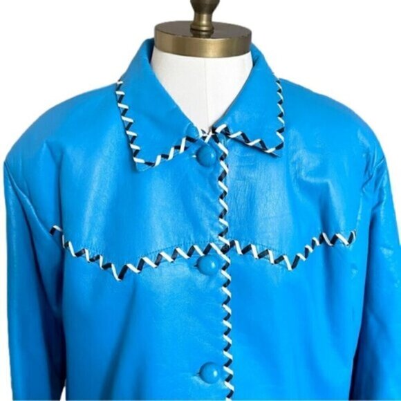 Vintage 80s Hannah Pang Blue Patchwork Leather Southwestern Jacket - M/L - Picture 5 of 14